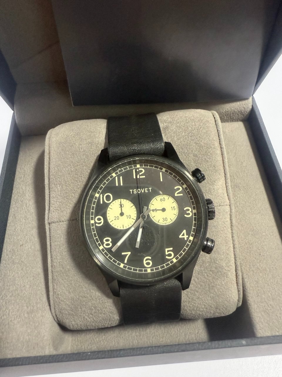 Tsovet SVT-DE40 Black & Beige Chronograph Watch | Black Leather