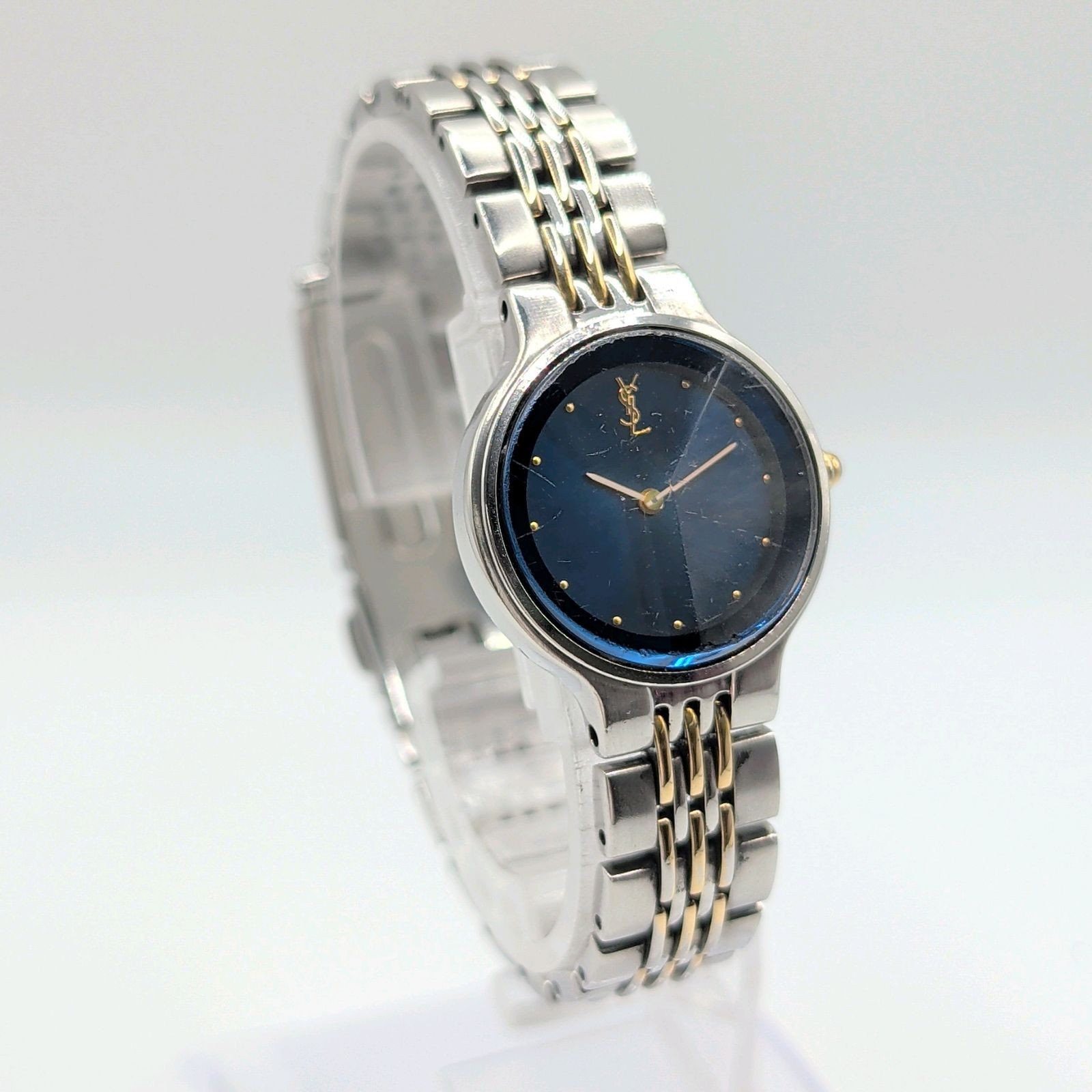Yves Saint Laurent 5421-H10058 Y Cut Glass Quartz Silver Blue Dial Wristwatch