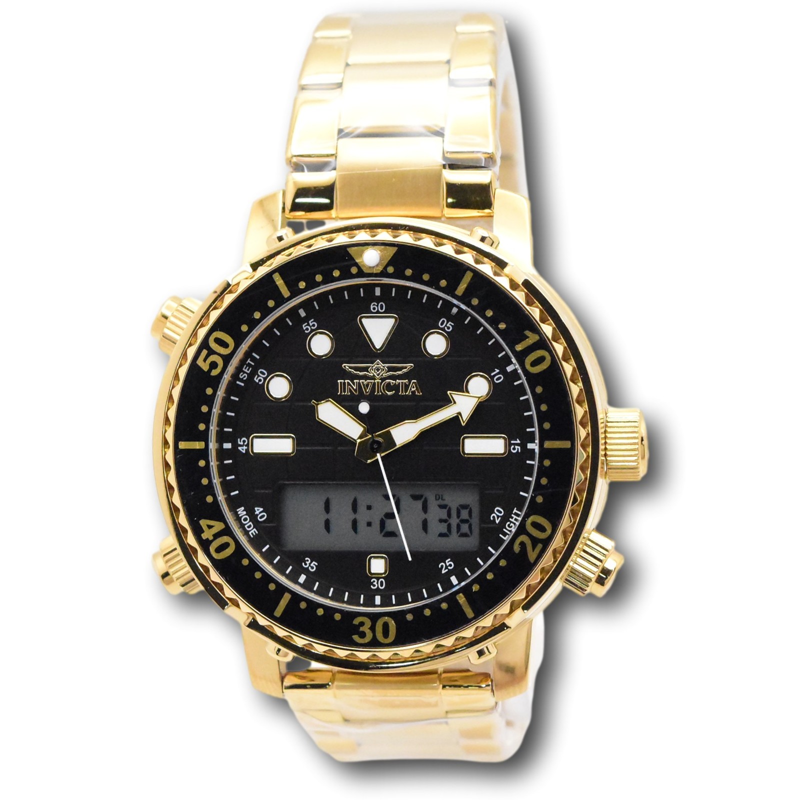 Invicta Pro Diver Men’s 46.5mm Gold Dual Time Digital Ana-Digi Watch 48372