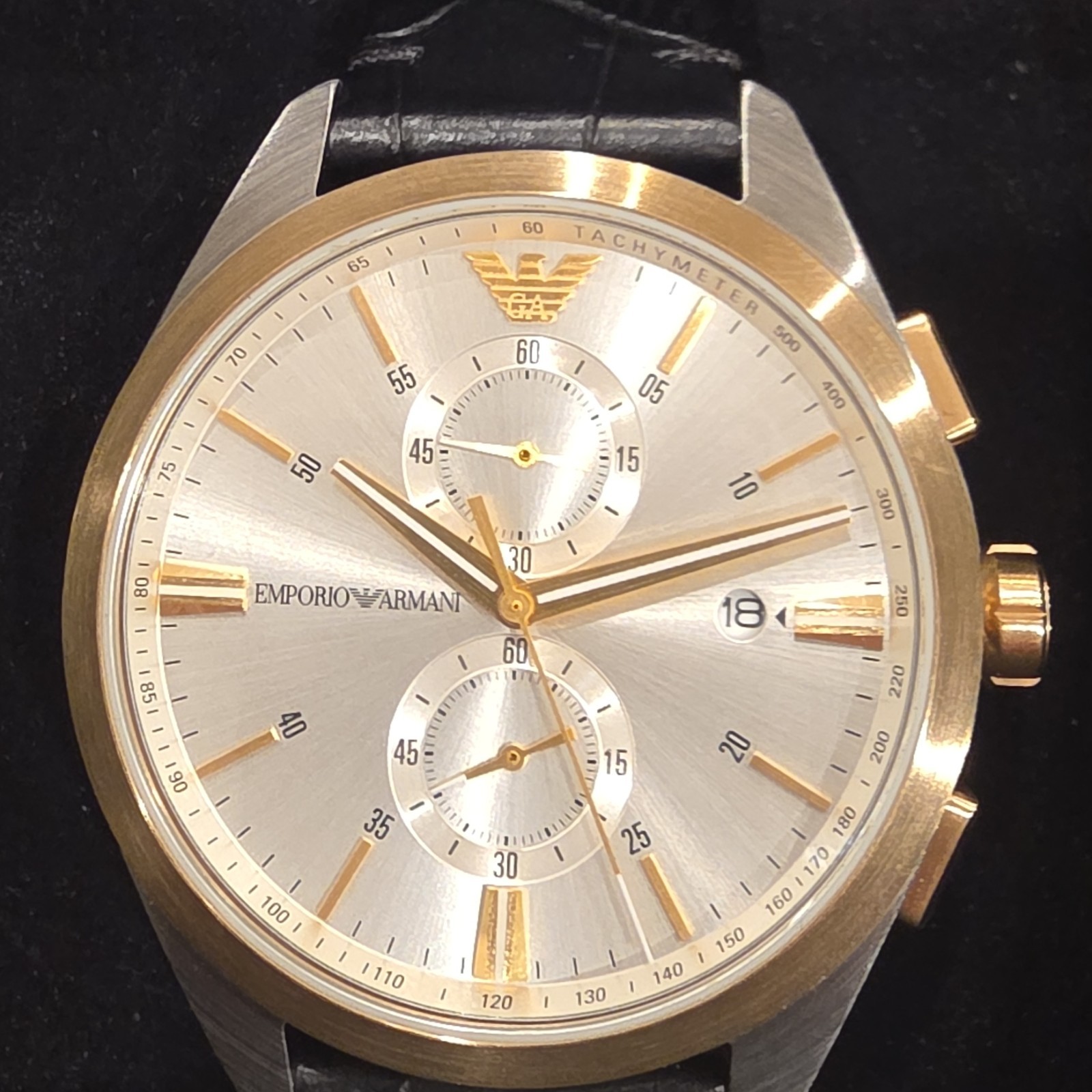 Emporio Armani Men’s Silver Dial Tachymeter Chronograph Date Quartz Watch 43mm