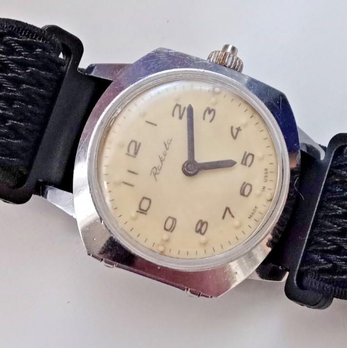 Vintage Soviet mechanical men’s Raketa watch for the blind. USSR. Running