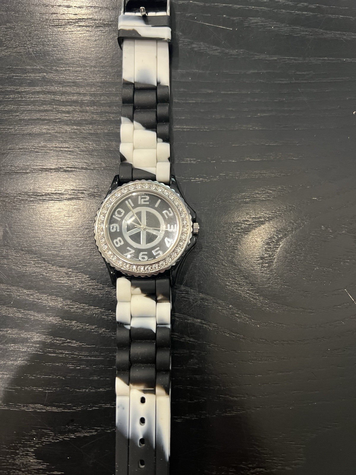 Women’s Geneva Black & White Peace Sign Rhinestone Watch