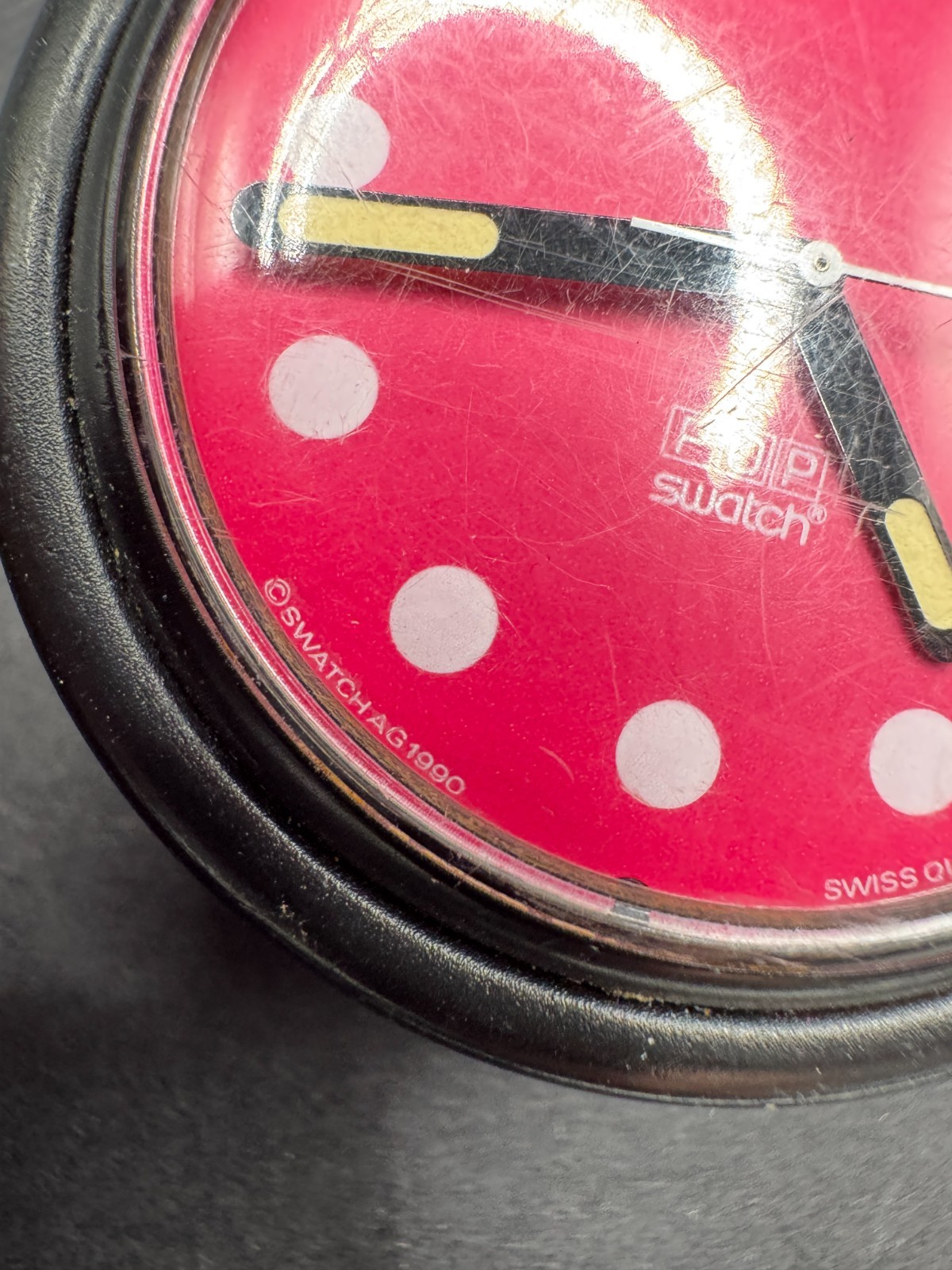 1990 Swatch Pop Shangri Watch Red Pink Velvet Polka Dots One Piece Strap