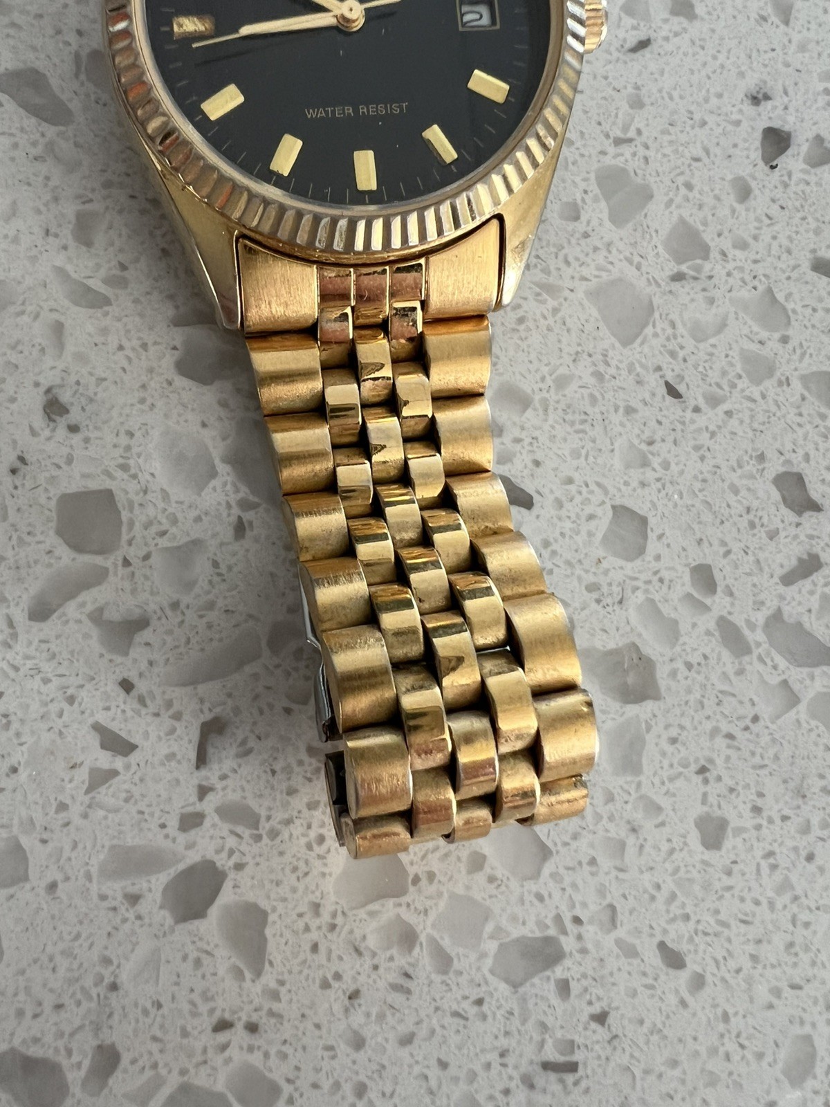 Vintage Q&Q Quartz Gold Tone Dress Watch Black Dial Date Jubilee Bracelet