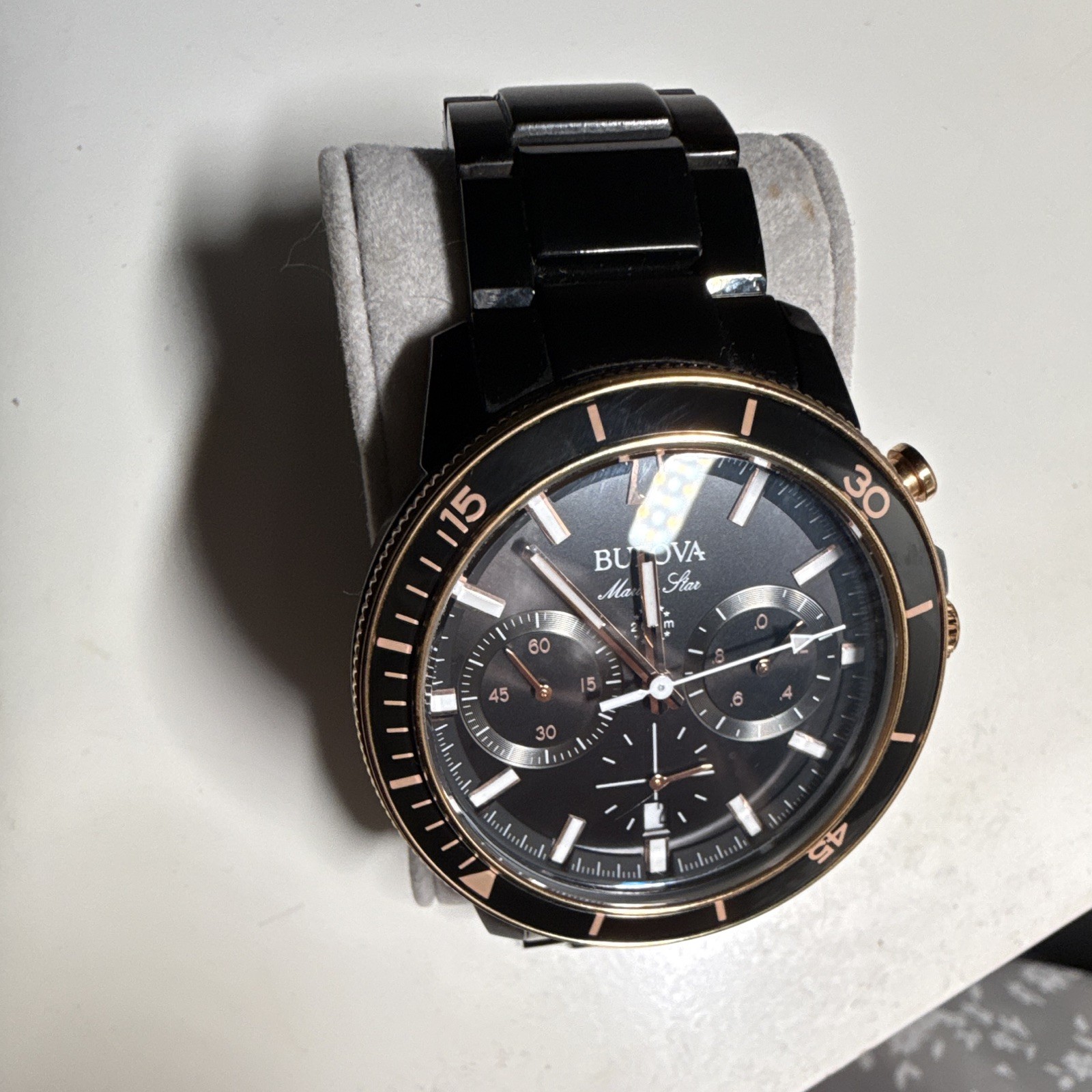 Bulova Marine Star Chronograph Date Quartz 45mm 200m Black Dial Bracelet