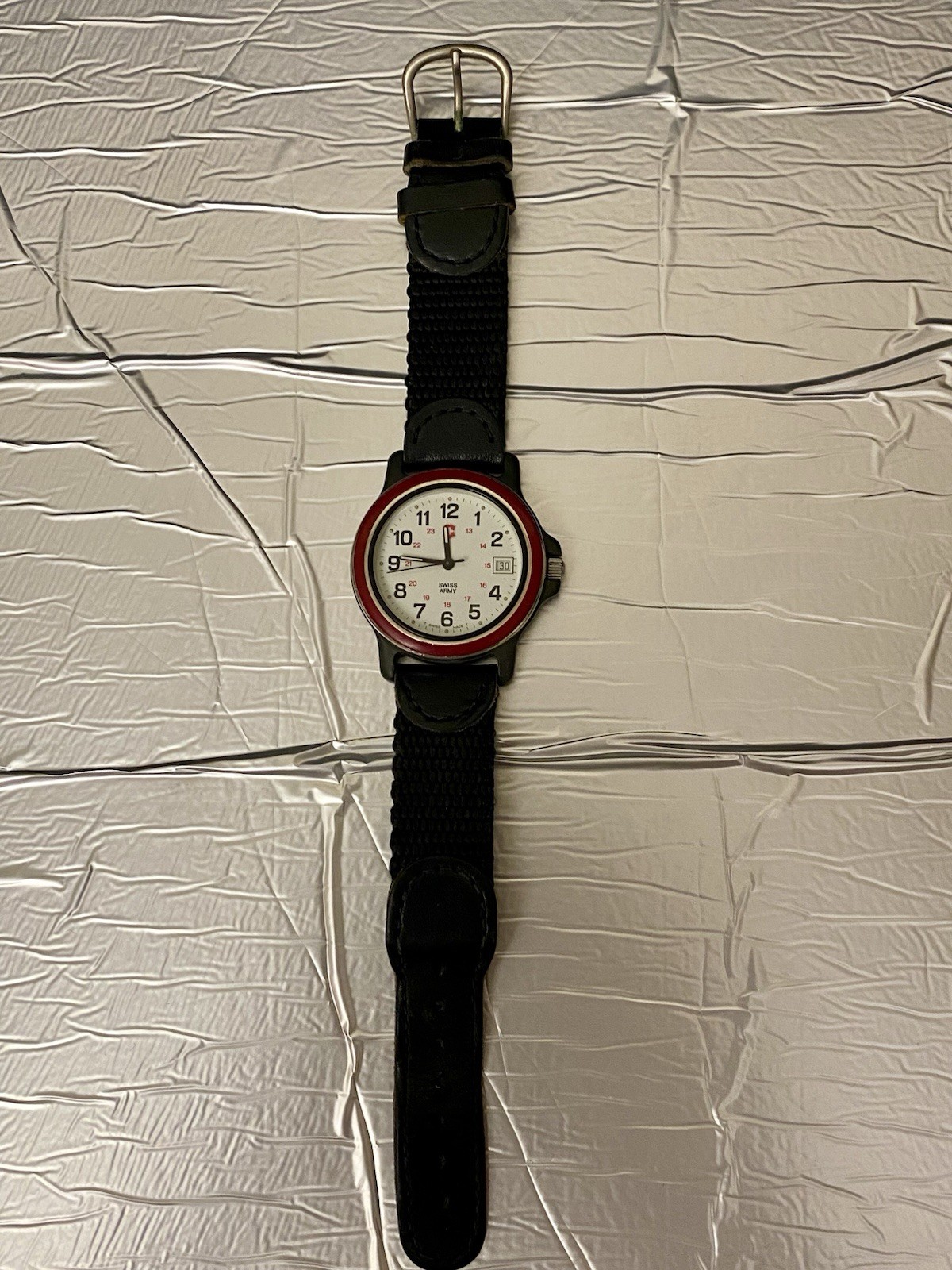 Swiss Army Brand Red Bezel Date Quartz Watch Black Case Swiss W. Germany Band