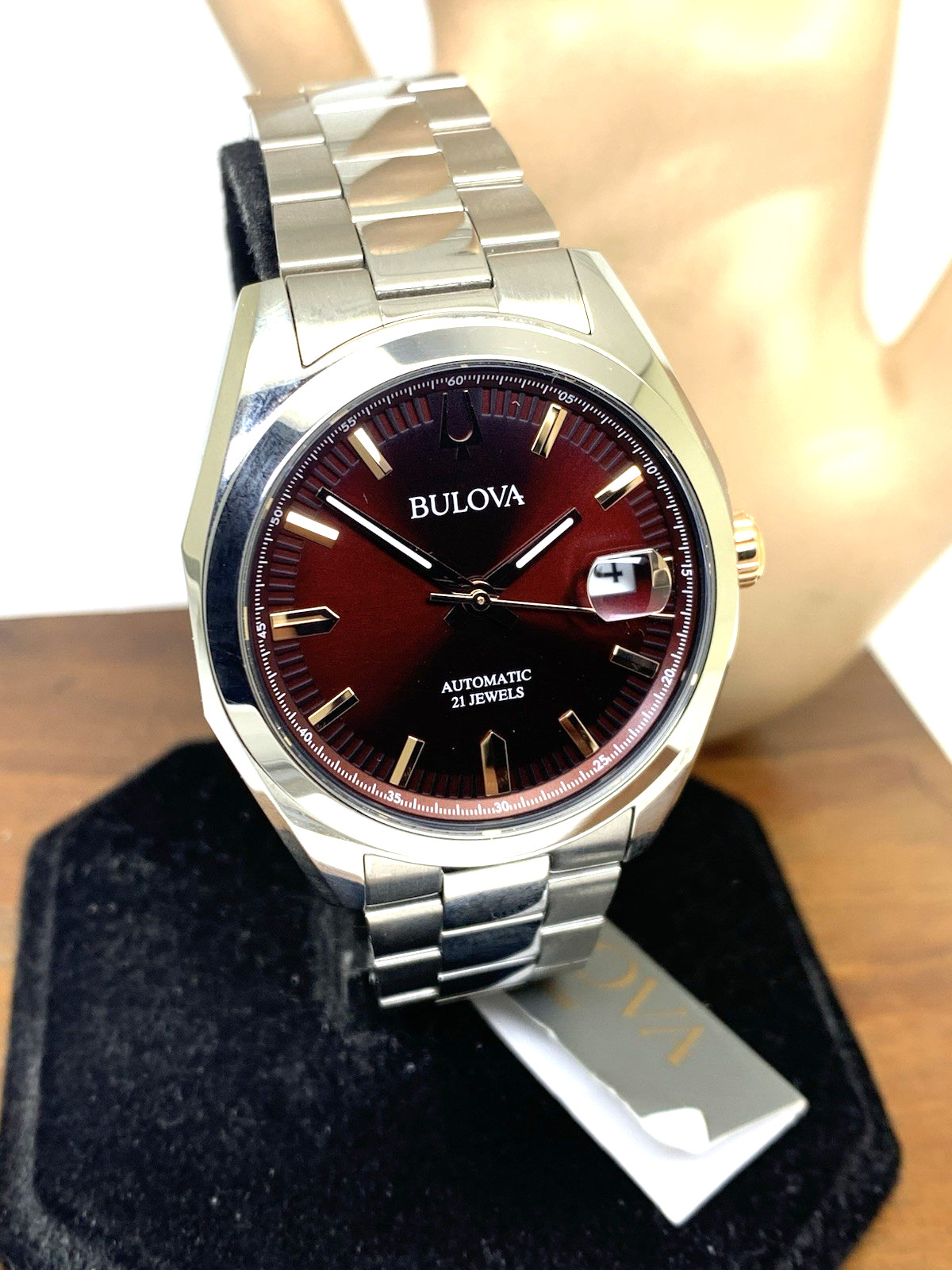 Bulova Men’s Watch 98B422 Automatic Burgundy Dial Silver Stainless Steel 39mm