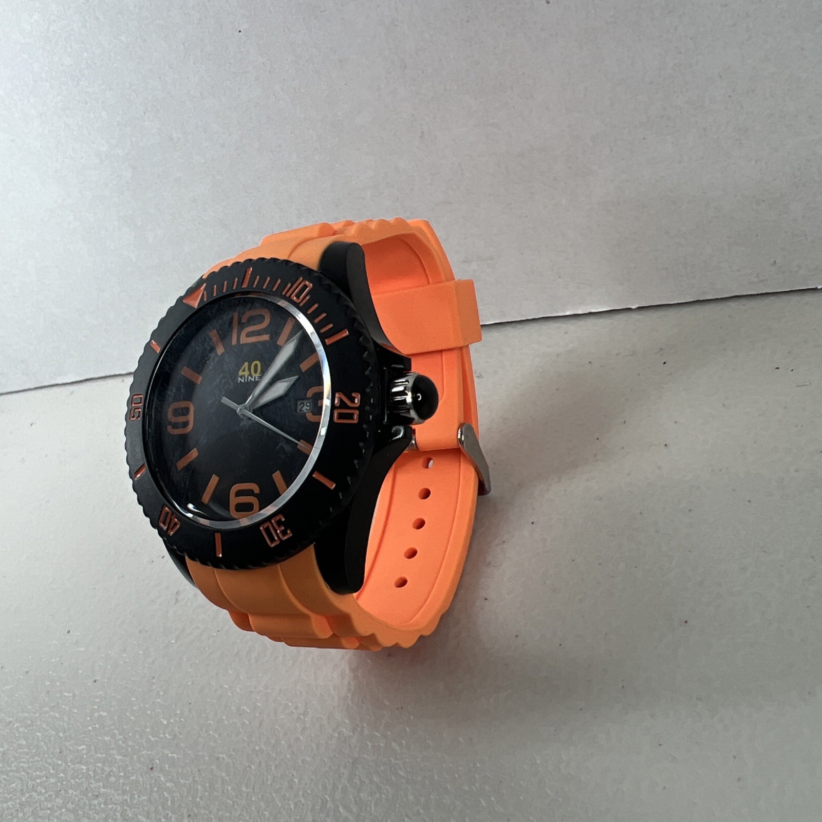 40NINE 46mm Quartz Watch with Black Dial and Orange Silicone Rubber Strap
