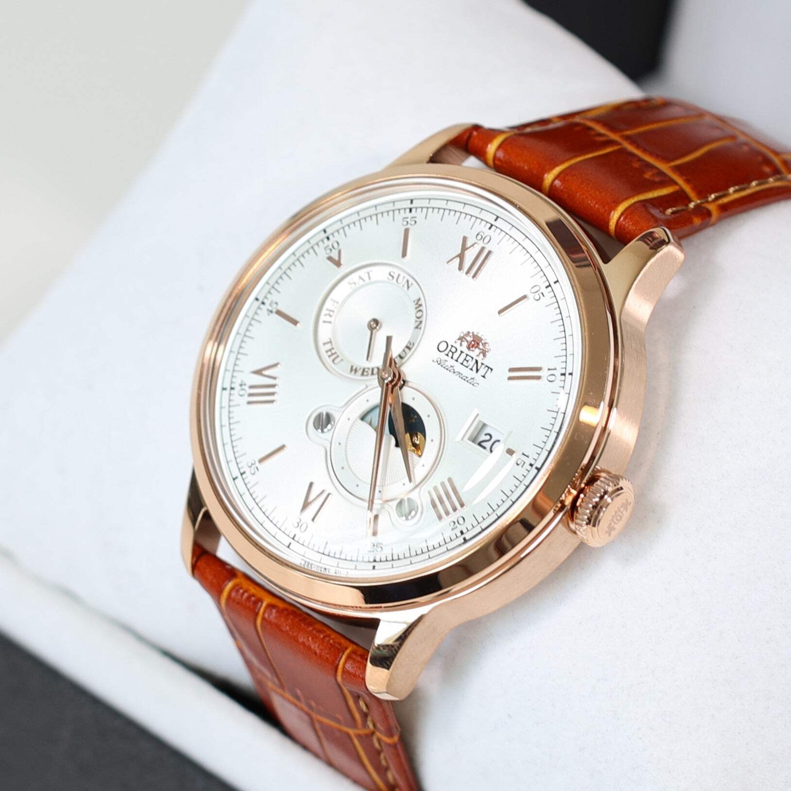 Orient Sun and Moon White Dial Men’s Automatic Rose Gold Tone Watch RA-AK0801S30