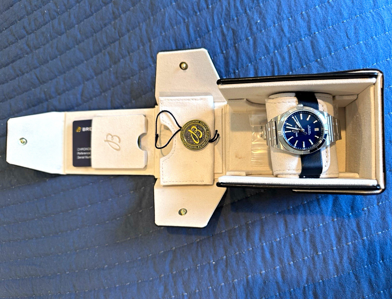 Breitling Chronomat 36mm Blue Dial Auto Chronometer Date SS Bracelet Box Papers
