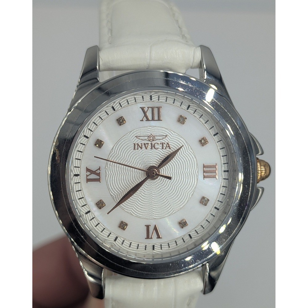 Invicta Angel Watch White 33mm Silver Rose Golden Diamond Leather Straps 12544