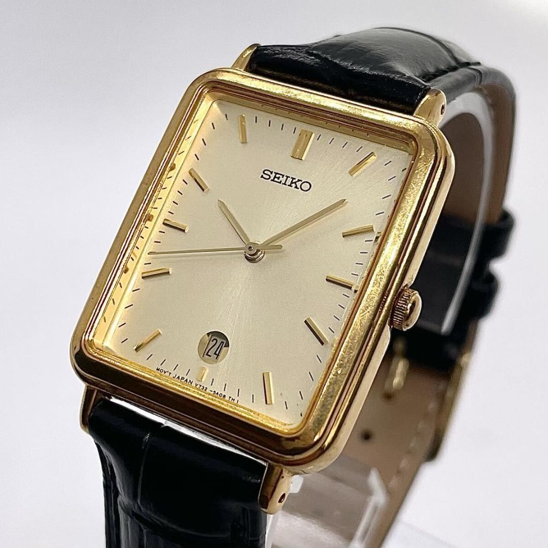 Seiko Gold Rectangle Ultra-Thin Dress Quartz Tank Watch Japan 071056