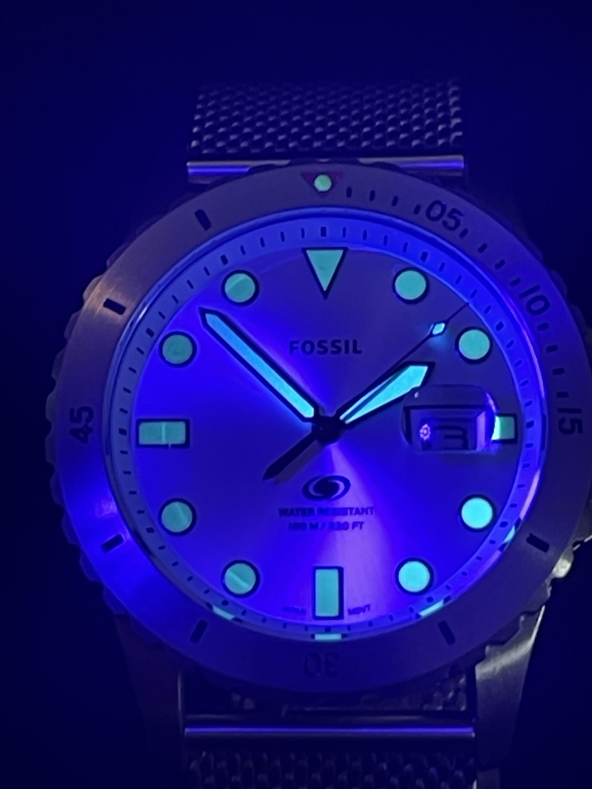 Fossil FS5948 Blue Diver Silver Sunburst Mesh Watch 100M NOS Box Tag Quartz 42mm