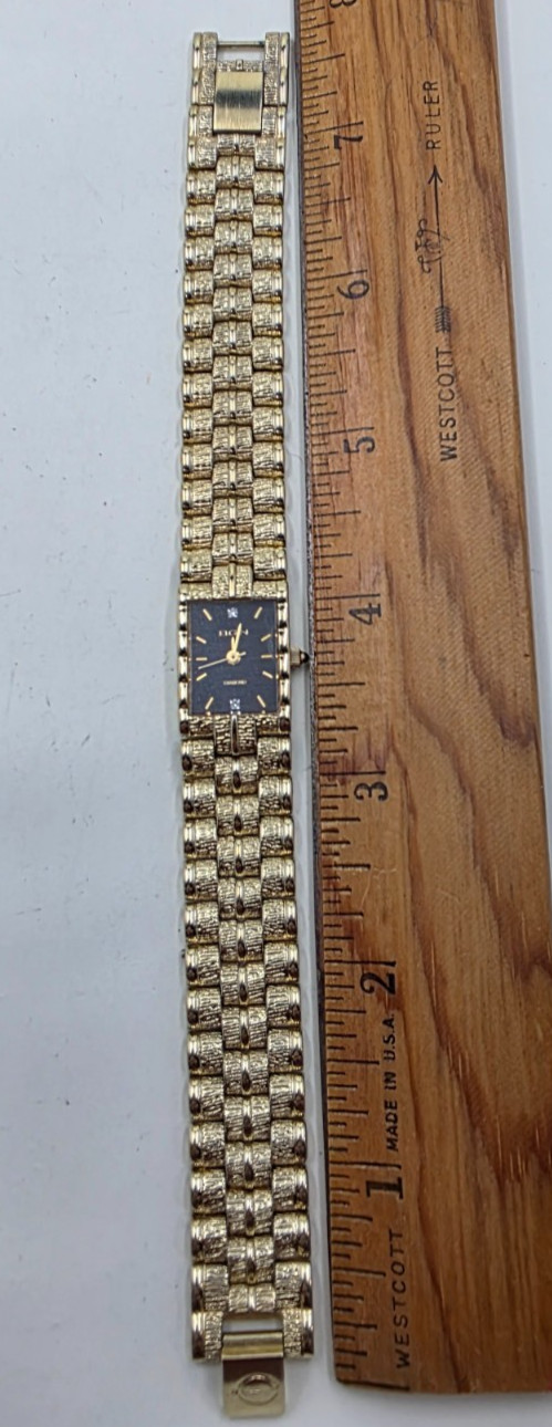 Vintage Elgin Gold Plated Rectangle Watch FG007N Black Textured Dial, Real Diamo