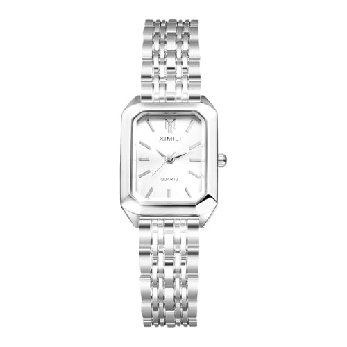 Square Womens Watch: Elegant Rectangular Bar Scale 2. silver band-white dial