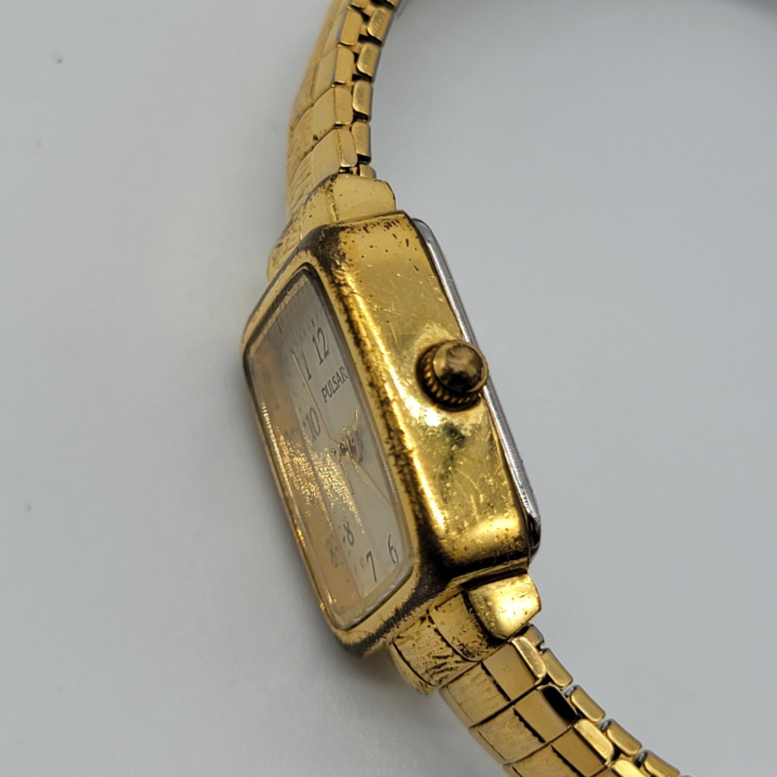 Pulsar Women Watch 17mm Rectangle Dial Gold Tone Classy Stretch Band 6.5″