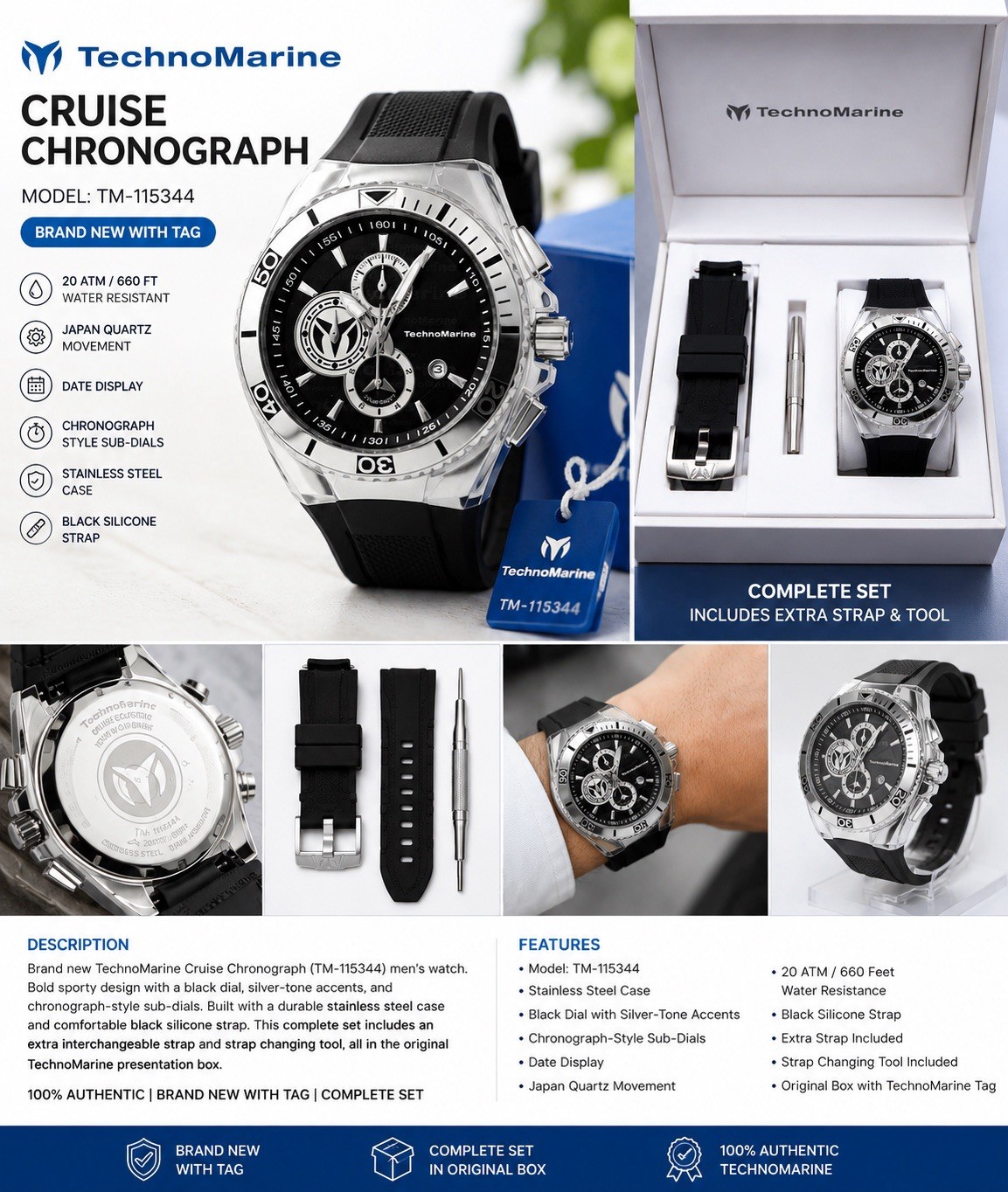 TechnoMarine Men’s Cruise Chronograph Quartz Date 200m 46mm Black Strap Box