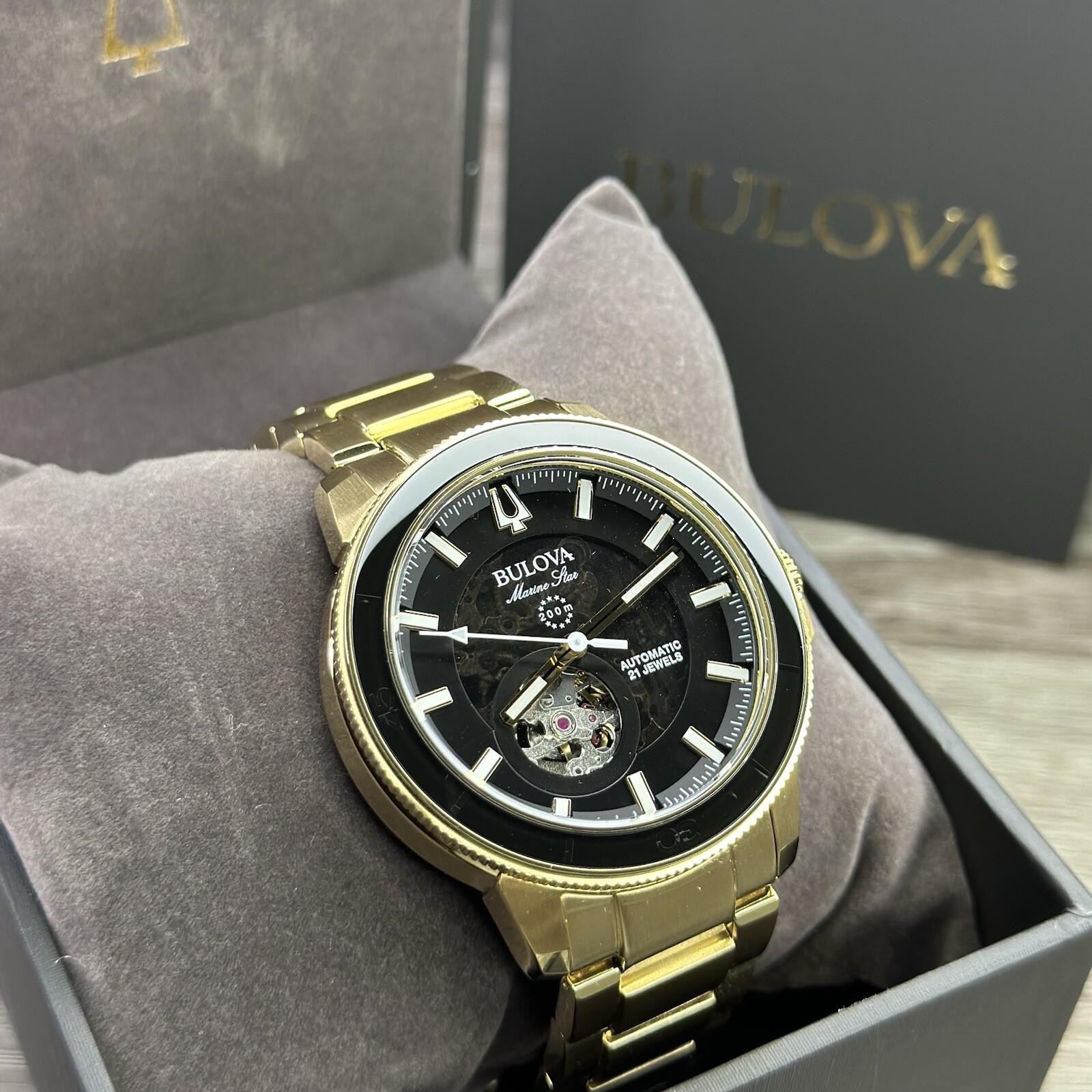 NEW✅AUTOMATIC✅ Bulova Marine Star Gold Tone Black Dial Skeleton Men Watch 97A174