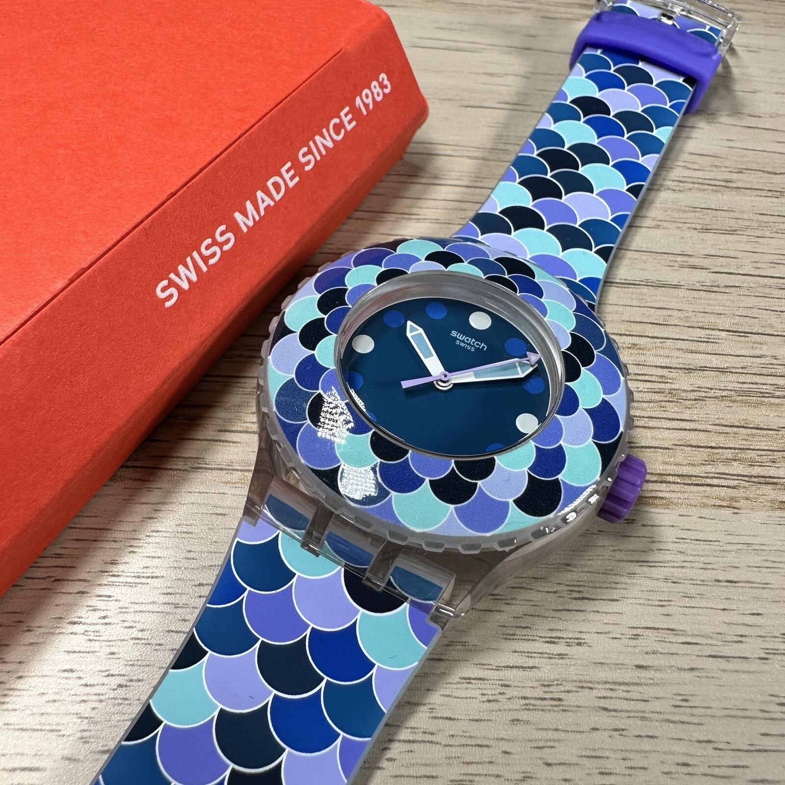 NEW✅ Swatch Watch Scuba PEDRINHA AZUL SUUK110 Skeleton Blue And Purple Watch
