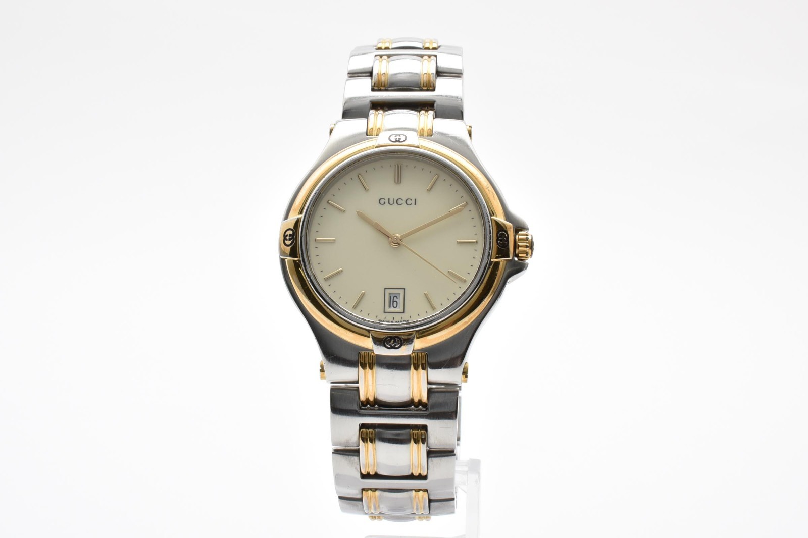[Exc+5] GUCCI 9040M Quartz Ivory Dial Date Two-Tone Stainless Men’s Watch 18cm