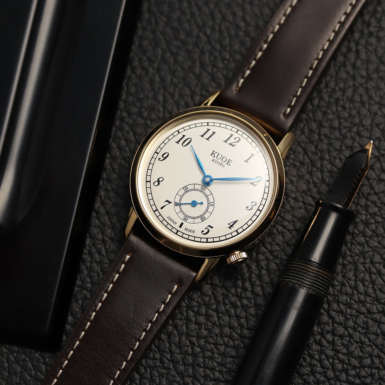 KUOE KYOTO OLD SMITH 90-007 Small Seconds Automatic Blue Hands Brown Strap 35mm