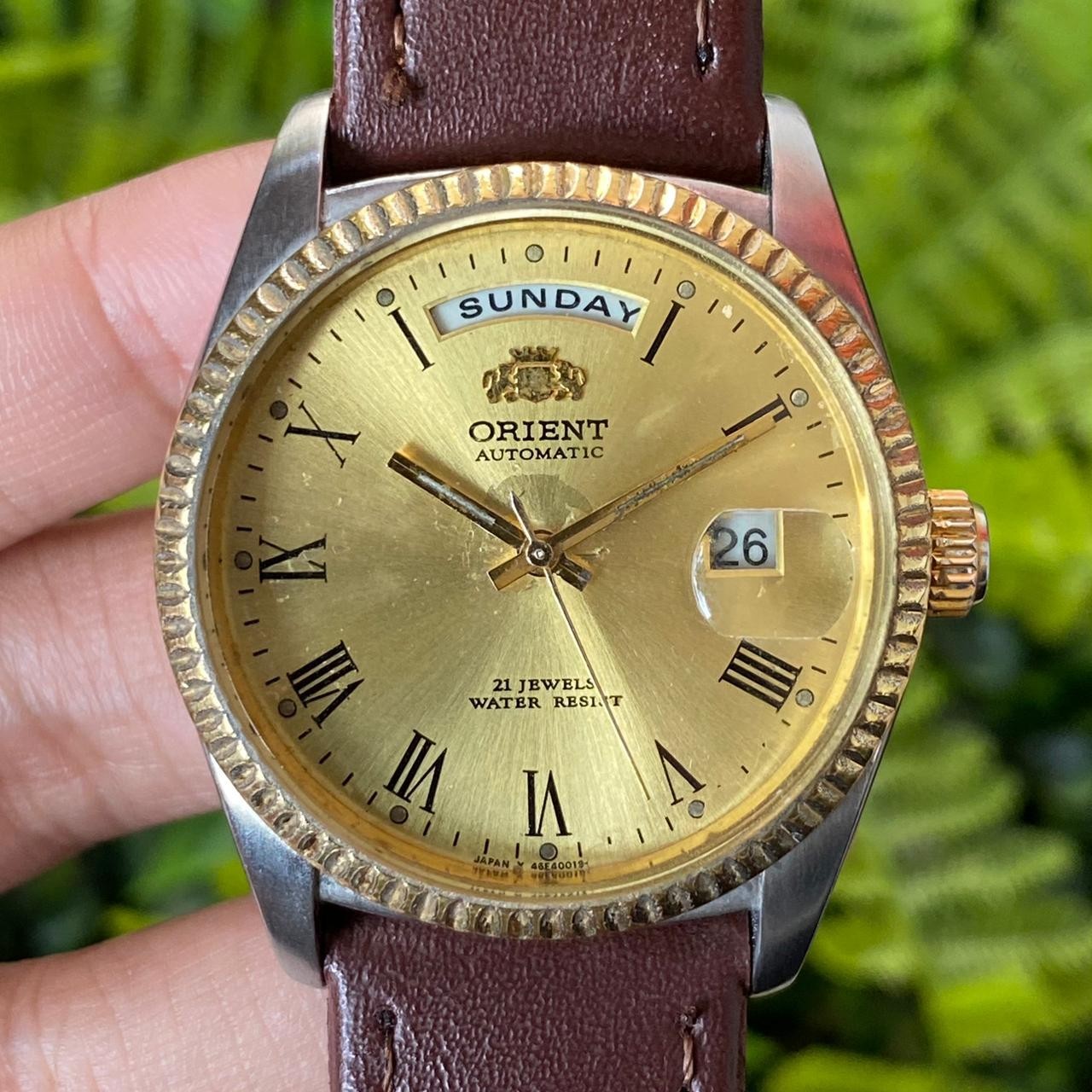 Rare Orient President Automatic Gold Dial Roman Index Day Date Vintage Watch Men
