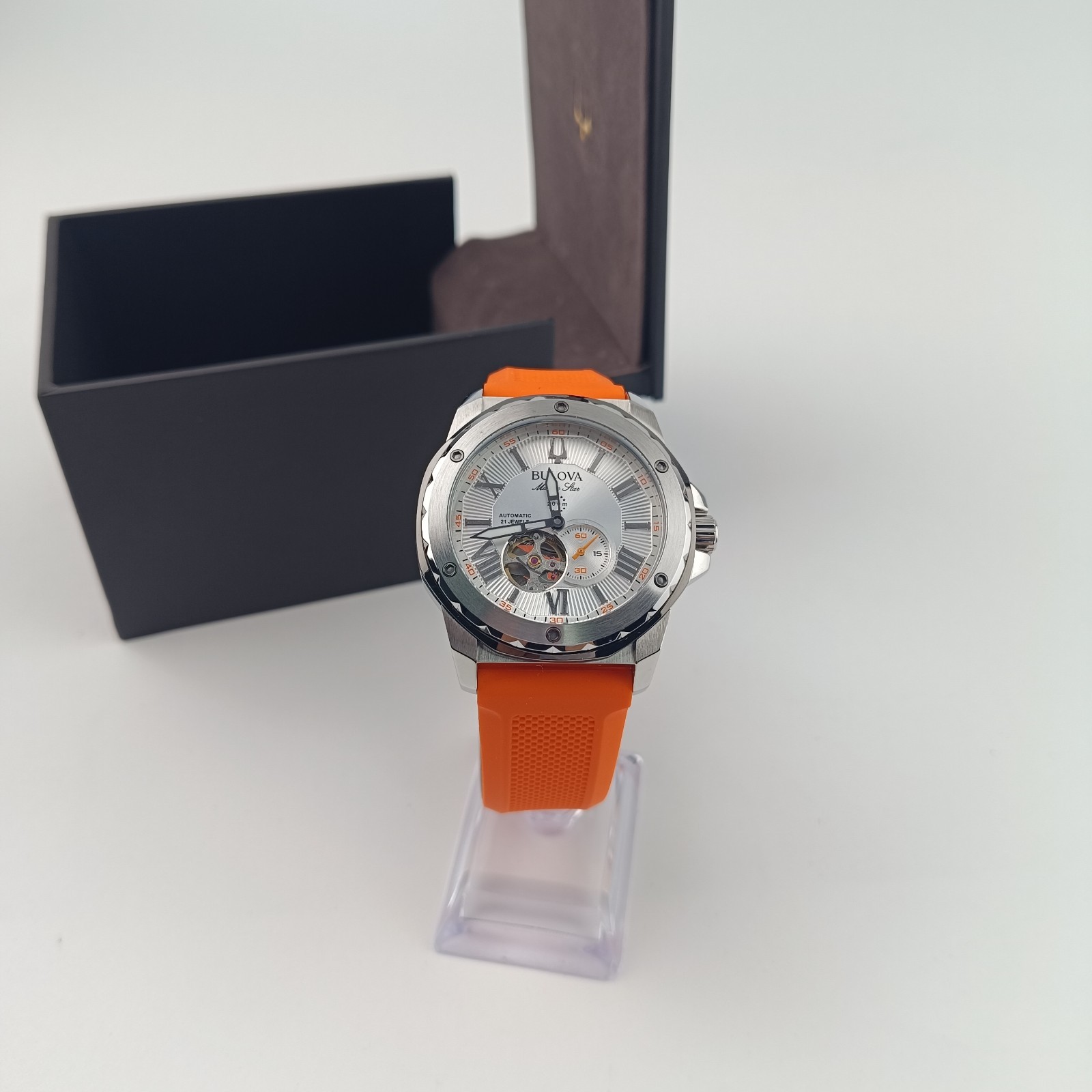 Bulova 98A226 Marine Star Automatic Watch White Dial Orange Rubber Strap