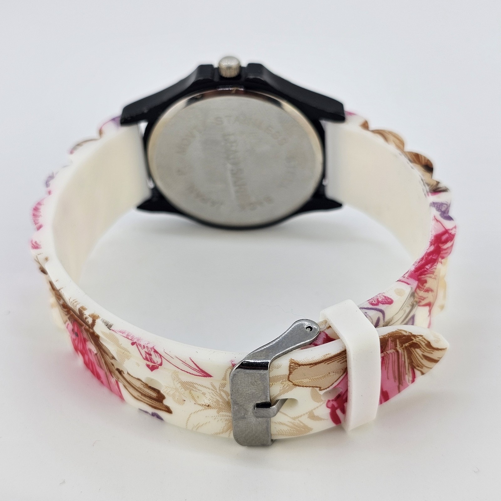 38mm Women’s Watch Black Dial Flowers Multicolor Plastic Bands NEW Battery