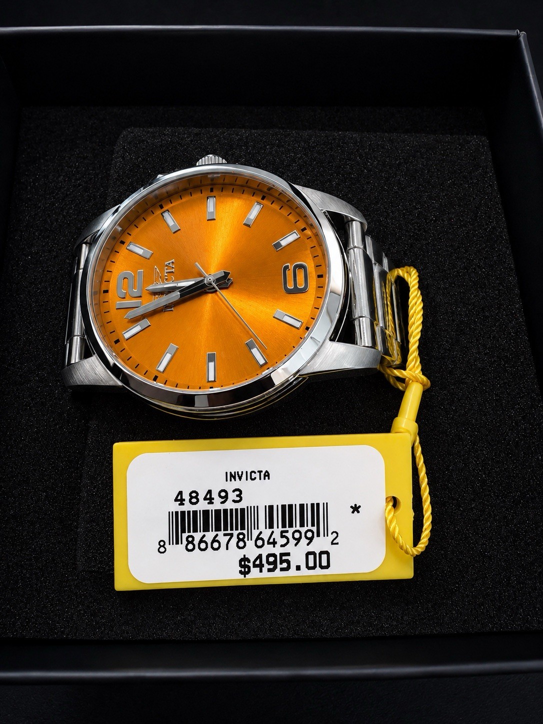Invicta 48493 Men’s Quartz Wristwatch 44mm Steel Orange Sunburst Dial 50m Box