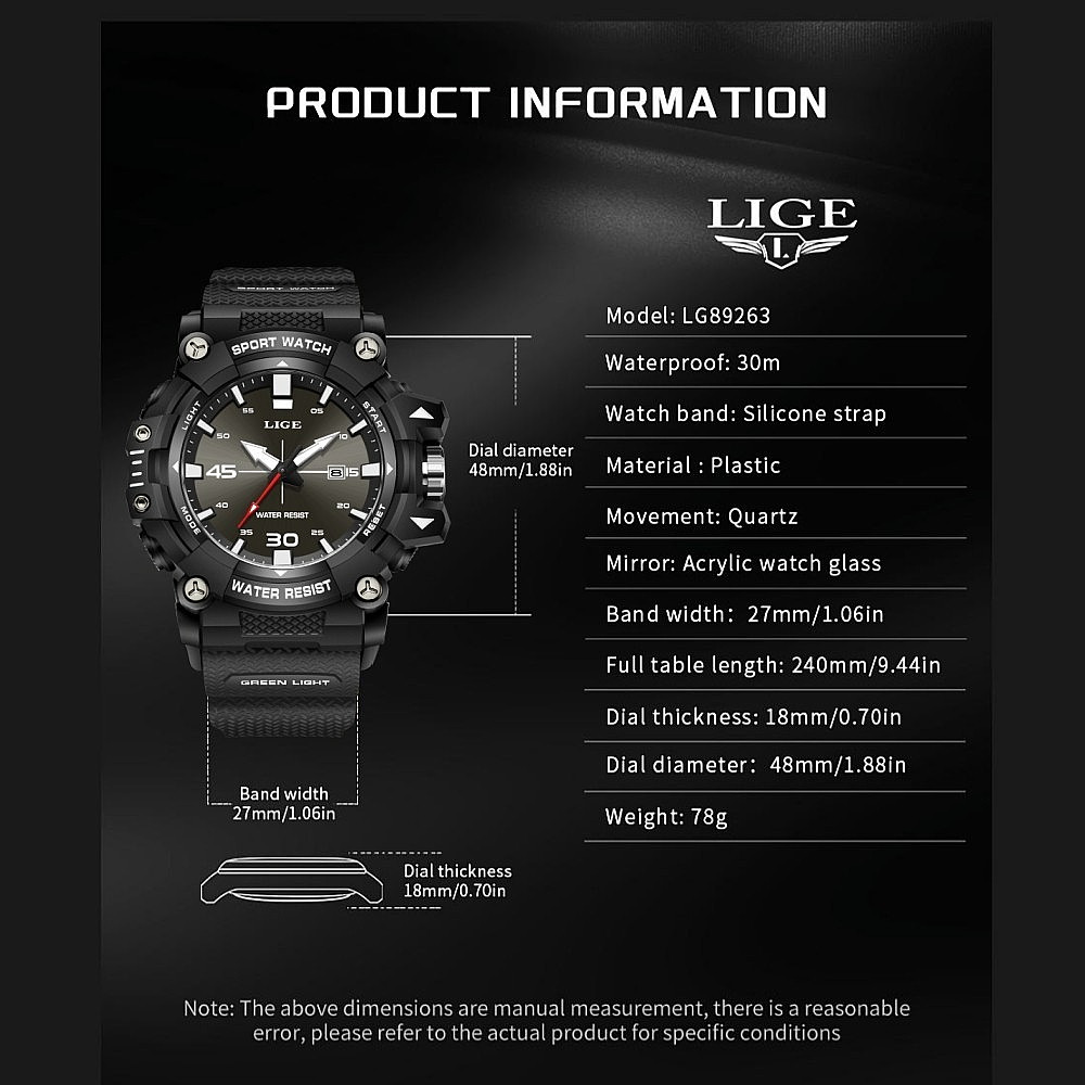 LIGE Men Watch Quartz Date Luminous Waterproof Classic Electronic Boy Wristwatch