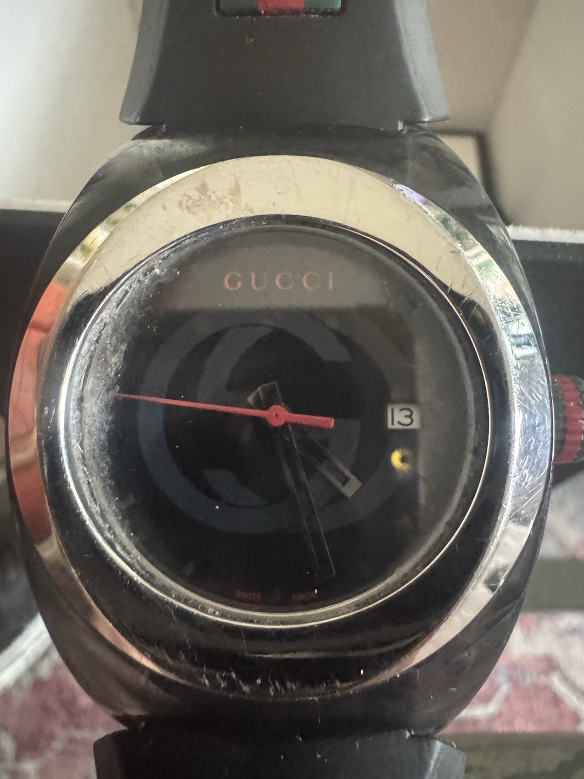 Unisex gently used Gucci Authentic syn XXL 137101 black Signature Rubber Strap