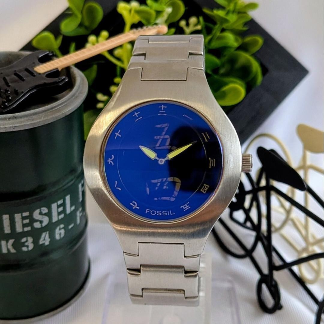 Fossil Big Tick Men’s Watch Blue Japanese Numerals Quartz Japan Rare 073769