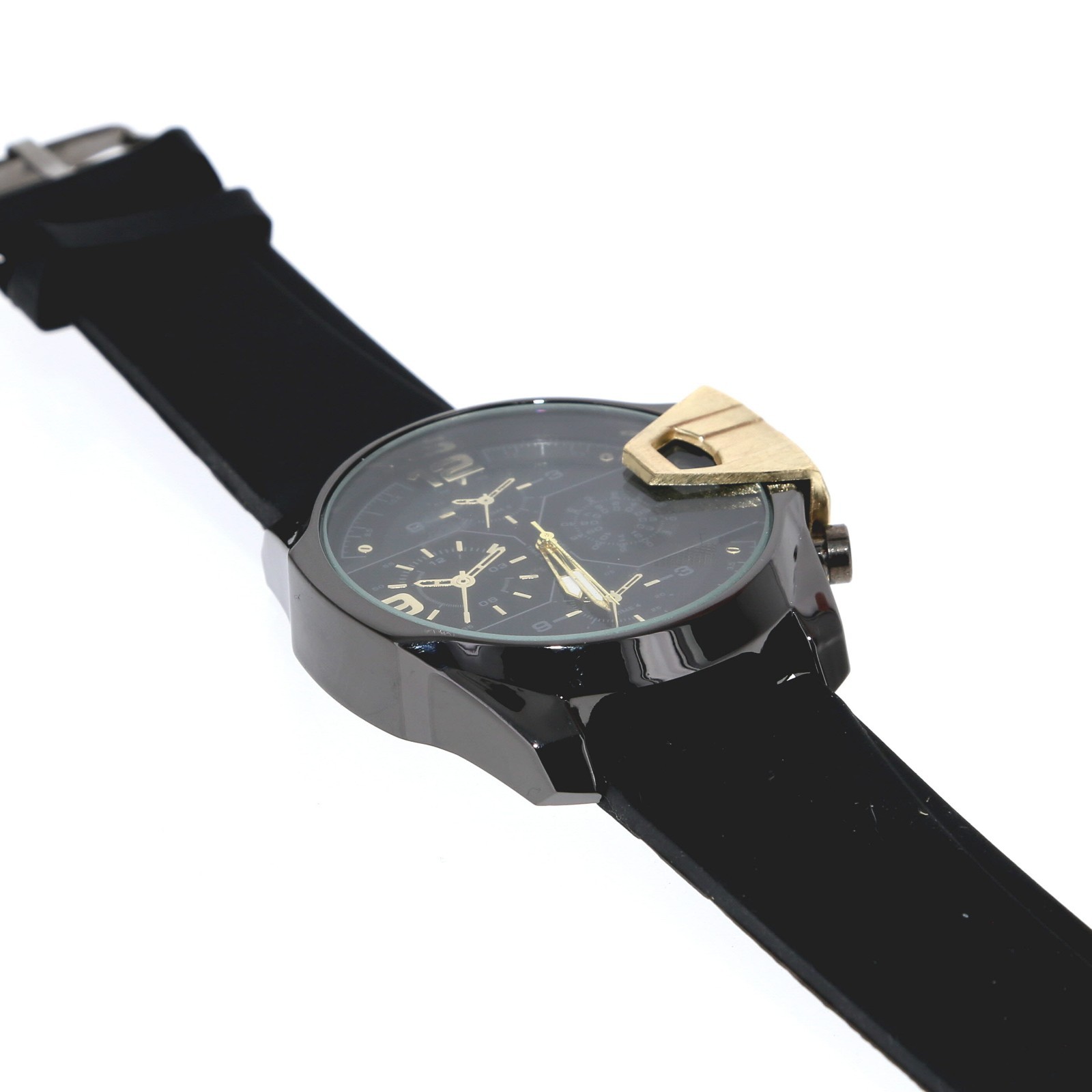 Men’s Oversize Watch Designer Style Gold & Black Finish Silicone Band`
