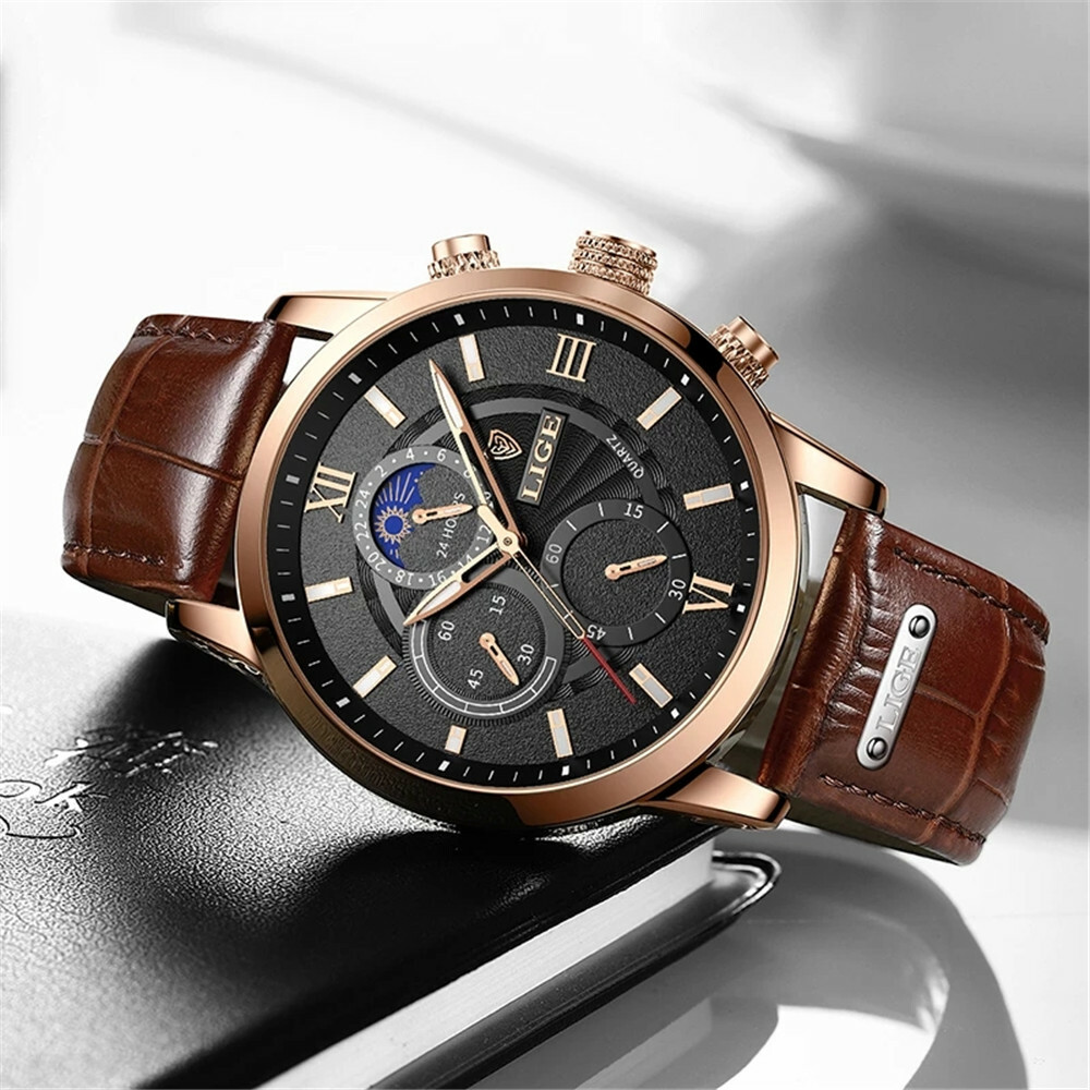 LIGE Men Watch Casual Brown Leather Wristwatch Business Male Calendar Watches