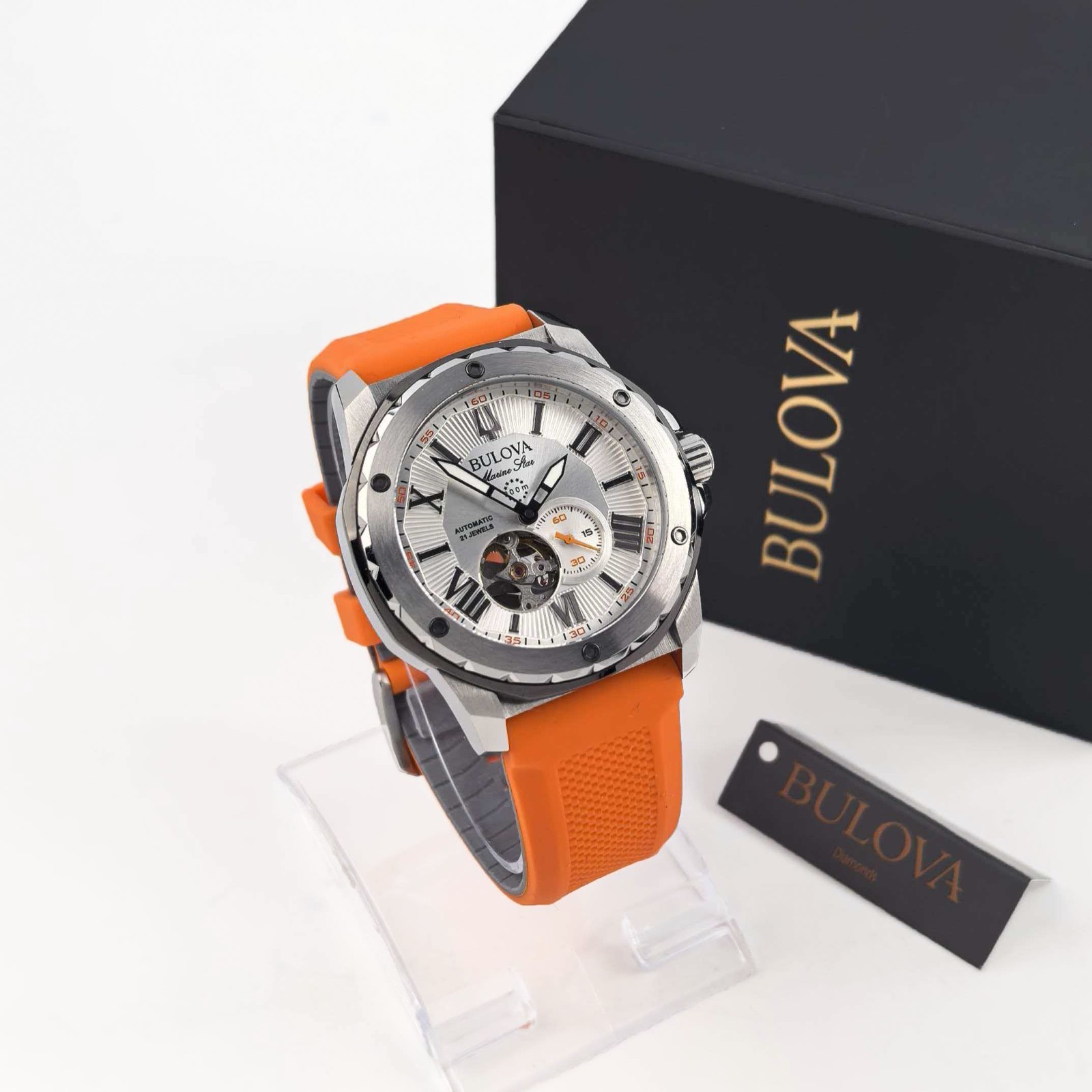 Bulova 98A226 Marine Star Men’s Silver Dial Orange Rubber Strap Automatic Watch