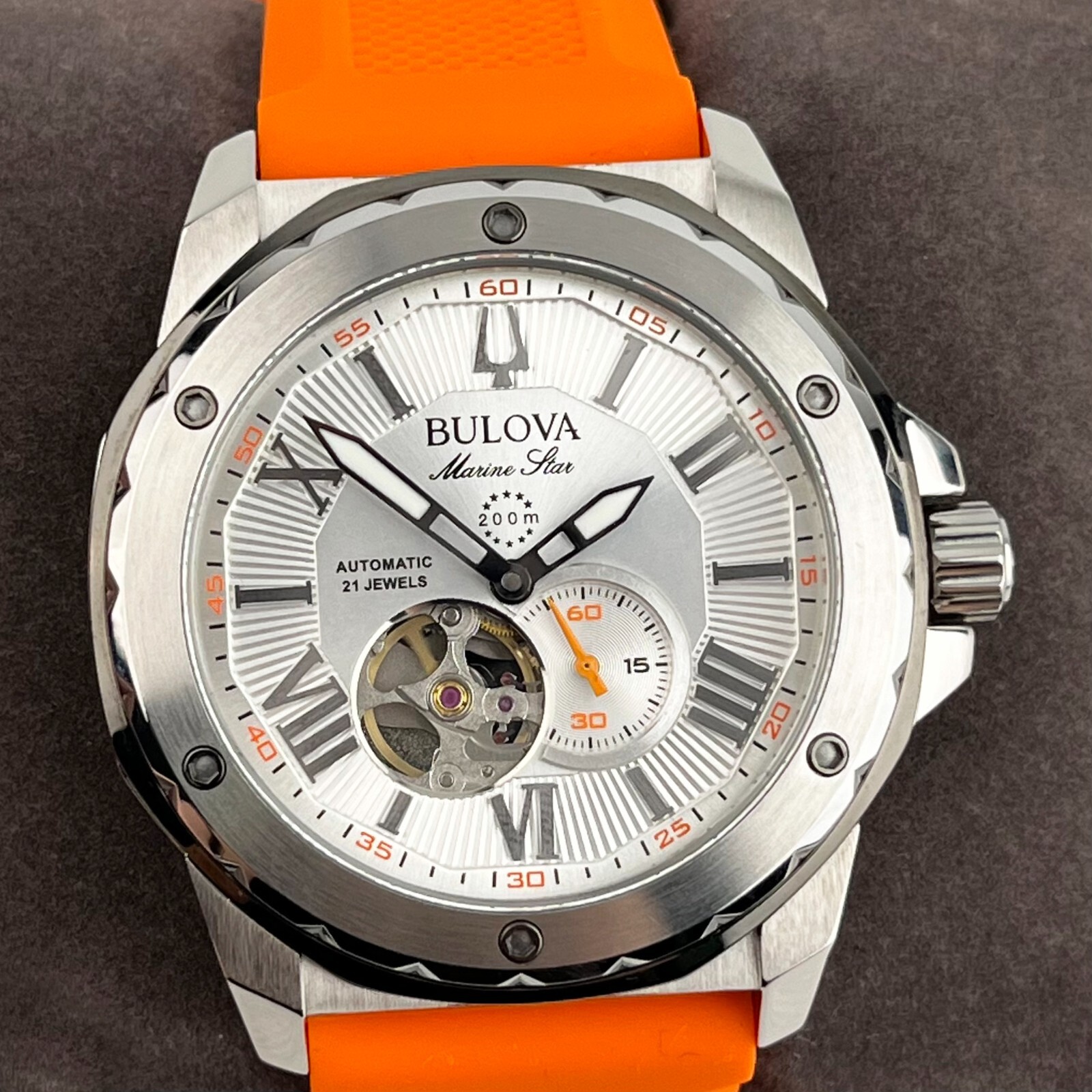 Bulova Marine Star Automatic 45mm White Dial Rubber Strap Men’s Watch 98A226