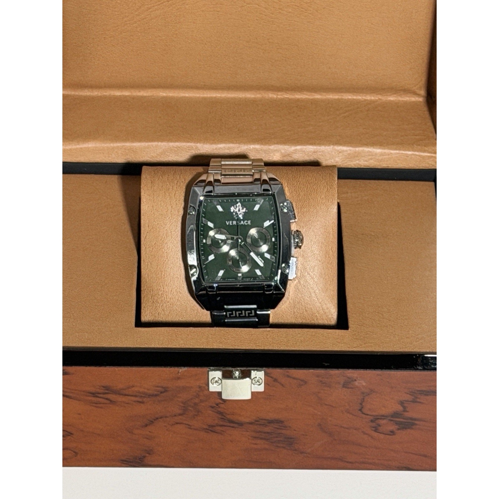 Versace Luxury Chronograph Men Green Dial Stainless Steel Band Quartz Wristwatch