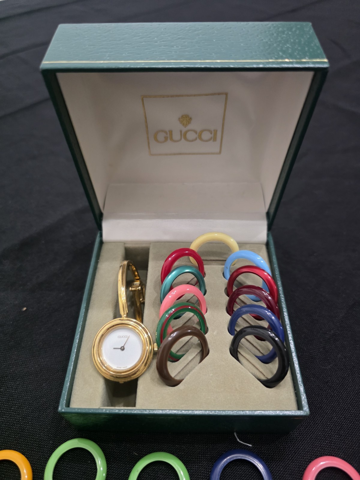 Gucci Change Bezel Quartz Gold-Tone Bangle Watch w/ Multicolor Bezels Box/Papers
