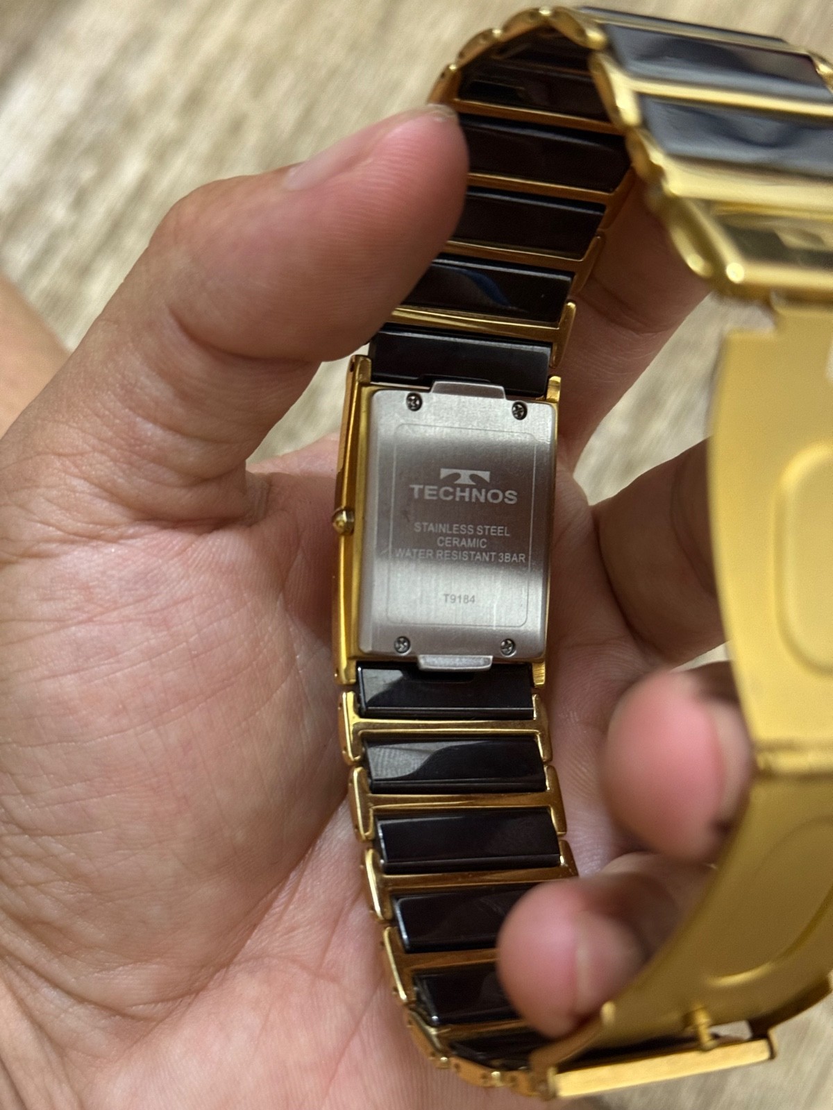 Vintage TECHNOS Ceramic Gold Tone Black Ceramic Diamond Accent Rectangular Quart