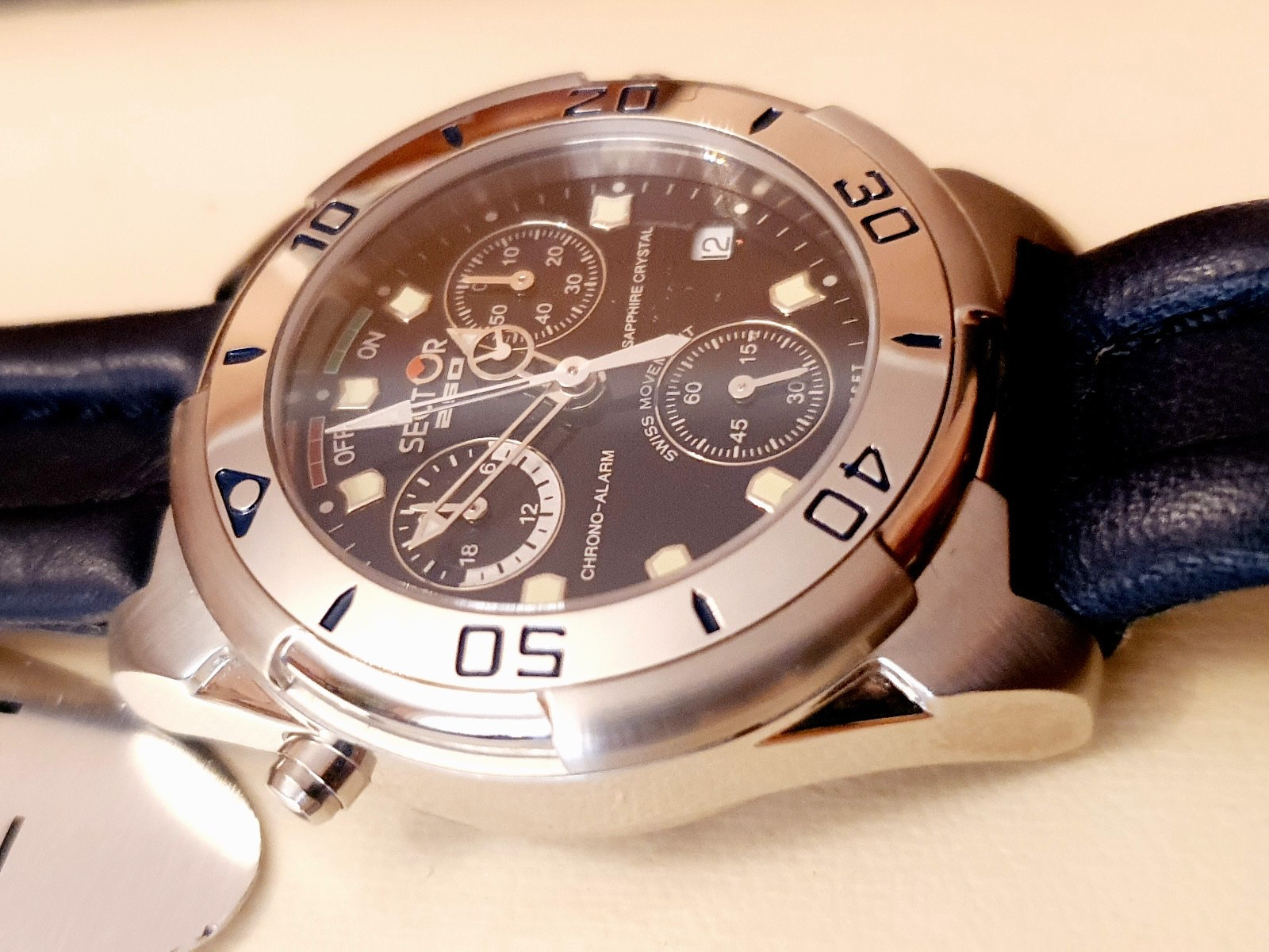 New Sector 250 Chrono Alarm Blue Steel Sapphire Crystal 100Mt Swiss Watch