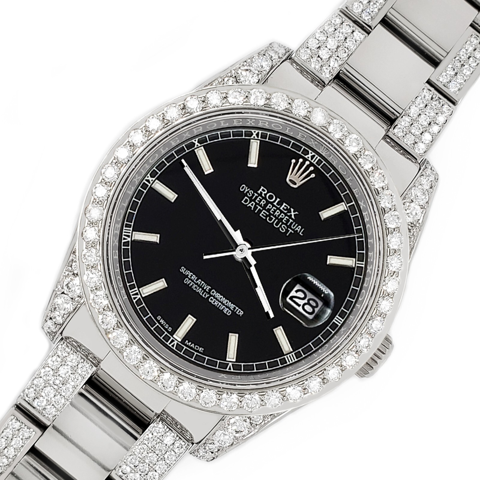 Rolex Datejust 36mm 5.9ct Diamond Bezel/Lugs/Bracelet/Black Stick Dial Watch