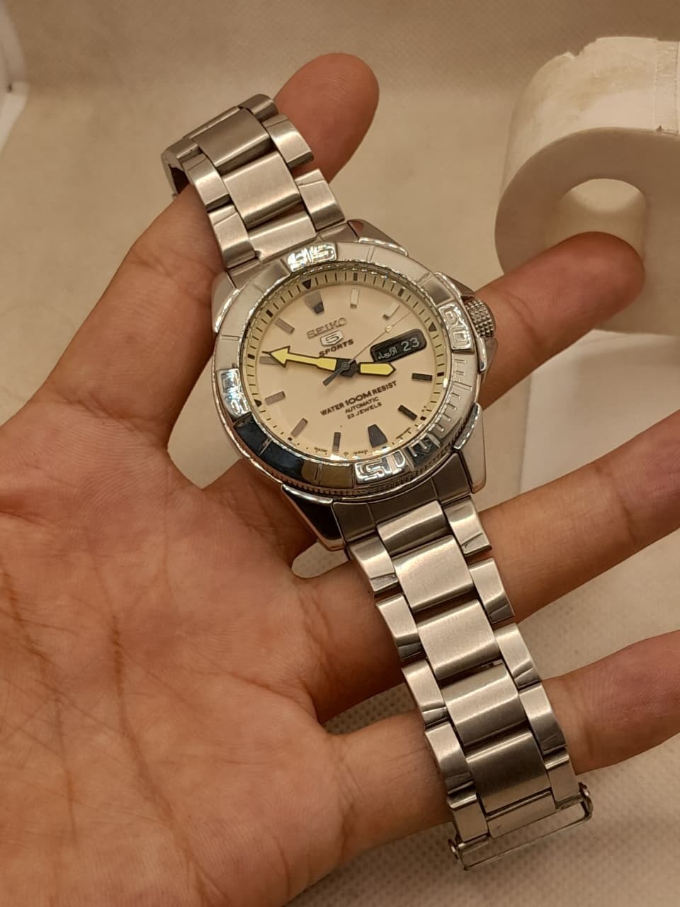 Seiko 5 Sports Automatic 23 Jewels Cream Dial Men’s Stainless Steel Watch