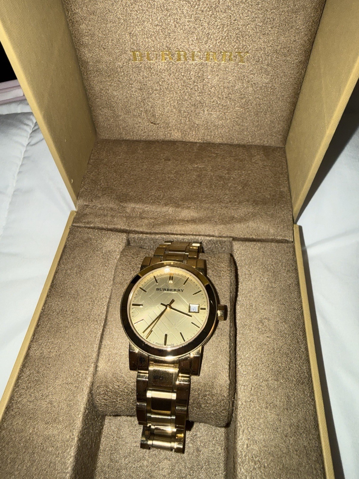 Gold Women’s Burberry Watch W/Box and Warranty Card Working Battery