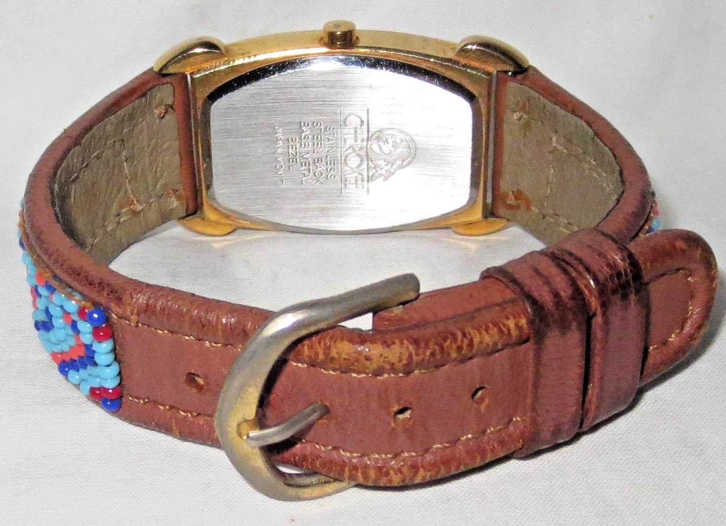 Native American Cherokee Wristwatch Tank Style Aztec Design Dial & Beaded Band
