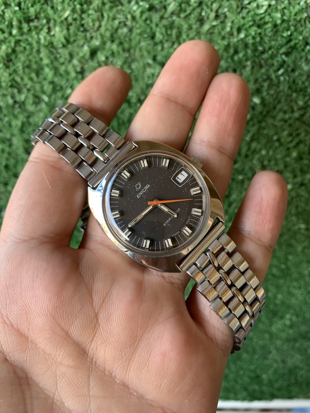 Vintage Enicar Ocean Pearl Watch Stainless Steel Star Jewels Dial 36mm Men 1960s