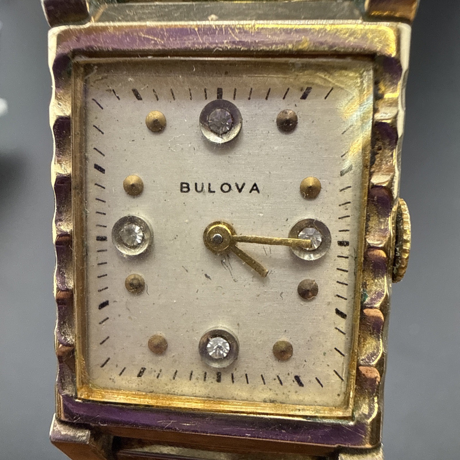 Mens Vintage Bulova 1951 Tank Style 10k RGP Wind Up Working Unknown Gems On Dial