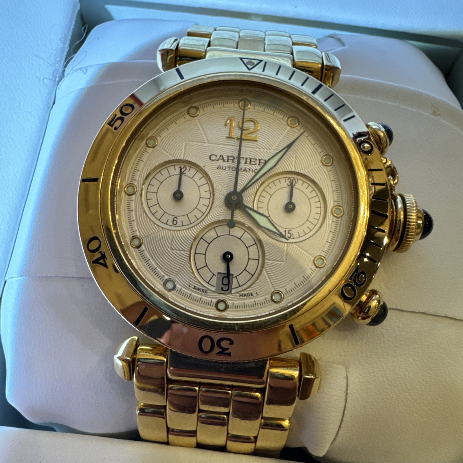 Cartier 18k Gold Pasha 38mm Chronograph Automatic W30140D1 box papers