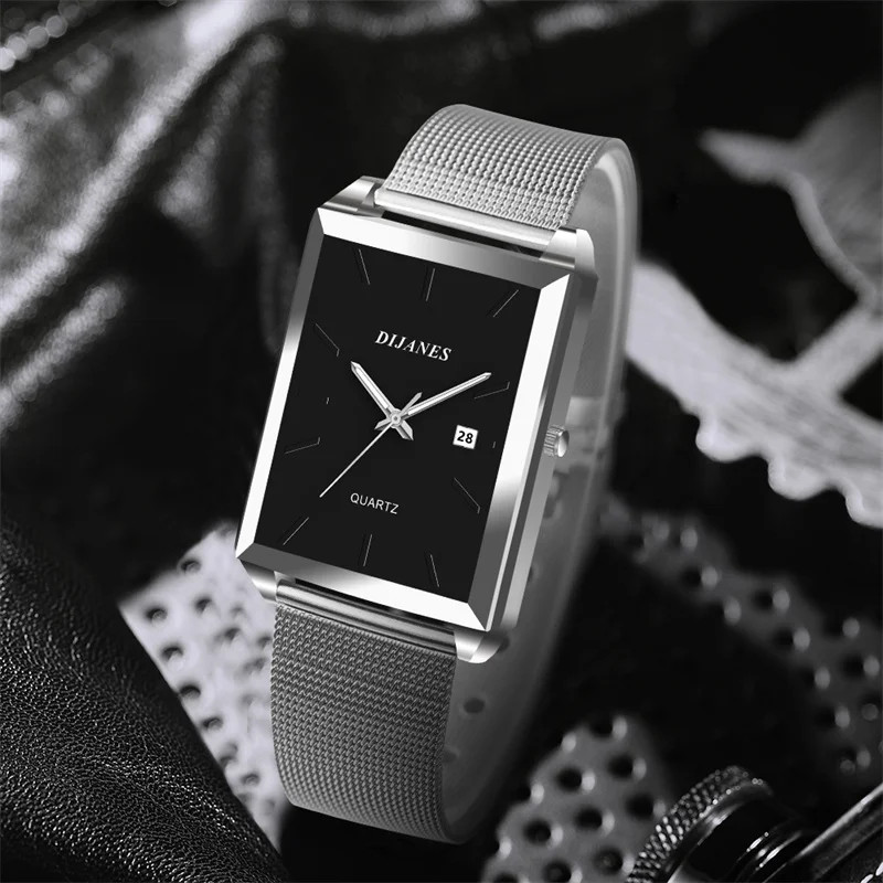 2023 Men’s Rectangle Stainless Steel Mesh Quartz Casual Wrist Watch