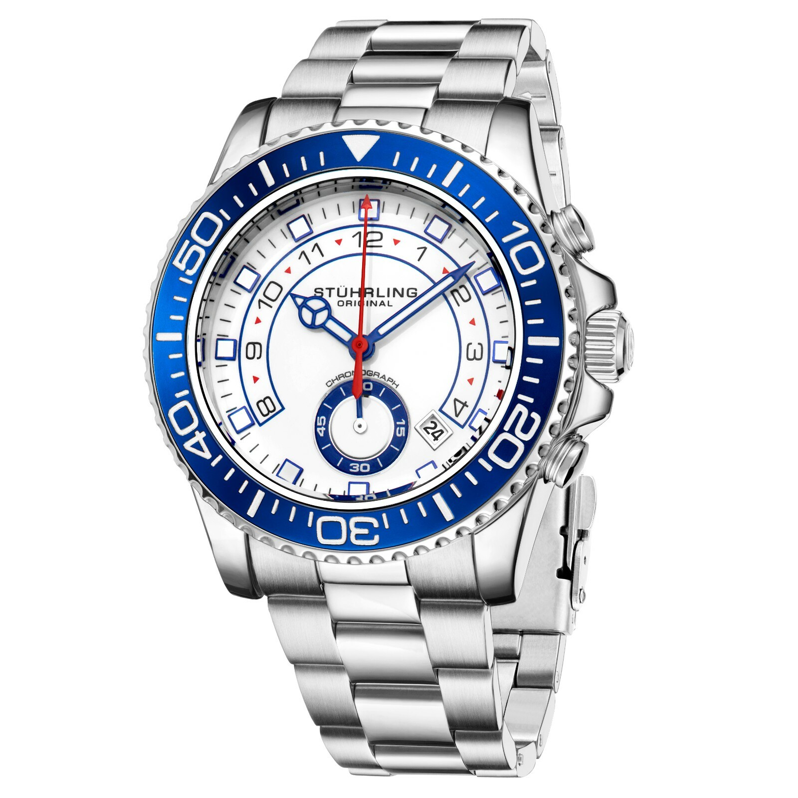 Stuhrling Men’s Chronograph Diver White Dial Blue Bezel Silver Bracelet Watch