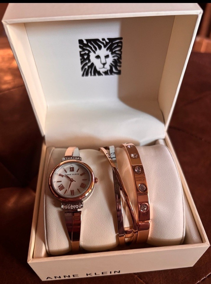 Anne Klein Rose Gold Tone Quartz Bracelet Watch Set w/ Bangles, Box